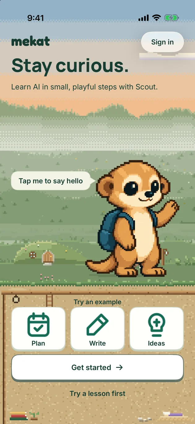 Mekat welcome screen: “Stay curious.” Learn AI in small, playful steps with Scout.