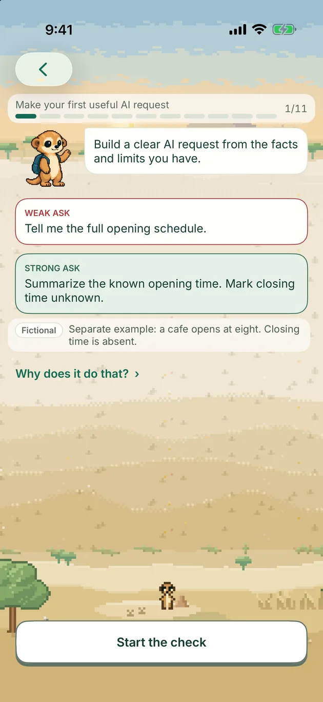 Mekat lesson comparing a weak ask with a strong ask.